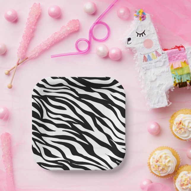 Chic black white zebra print safari birthday party paper plate (Party)