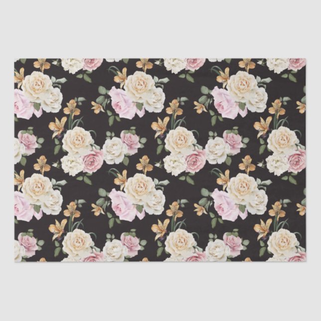 Chic Black with Floral Bouquets Tissue Paper (Front)