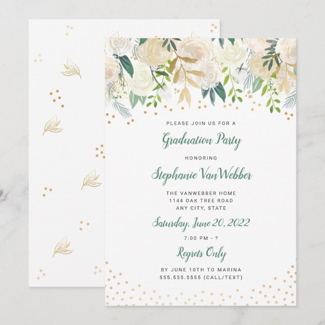 Chic Blanc Floral Gold Confetti Invitations de gra (Devant / Derrière)