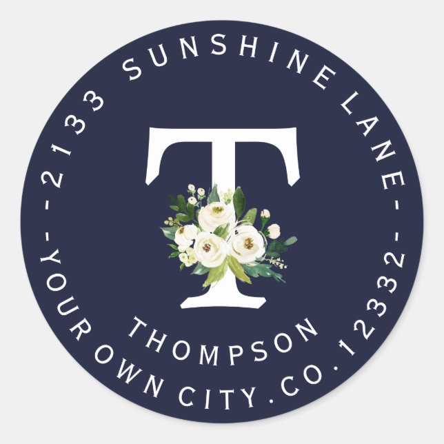 Chic blanc Floral Marine bleu Étiquette de adresse (Devant)