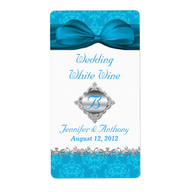 Chic Blanc & Turquoise Damask Mini Étiquettes de v (Devant)