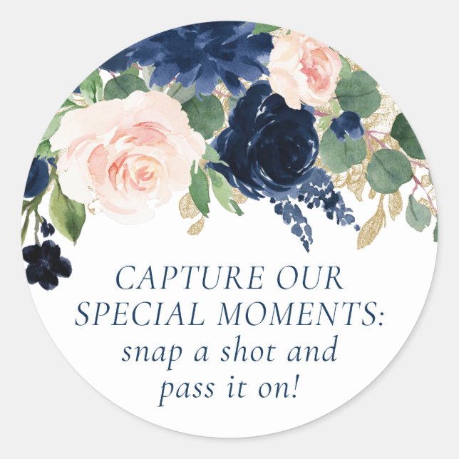 Chic Blooms | Dark Navy and Blush Rose Camera Classic Round Sticker (Front)
