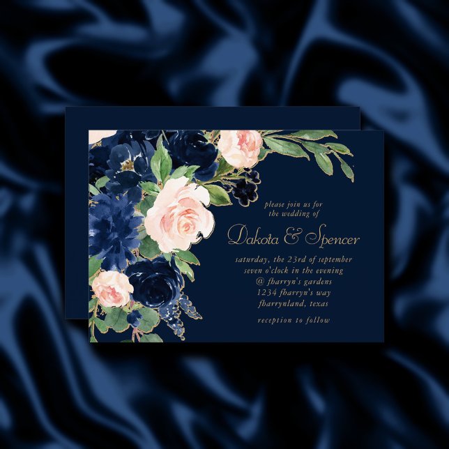 Chic Blooms | Dark Navy Blue and Blush Bouquet Invitation (Creator Uploaded)