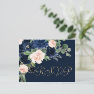 Chic Blooms   Dark Navy Blue and Blush Pink Entree Postcard