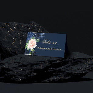 Chic Blooms   Dark Navy Blue and Blush Pink Floral Place Card
