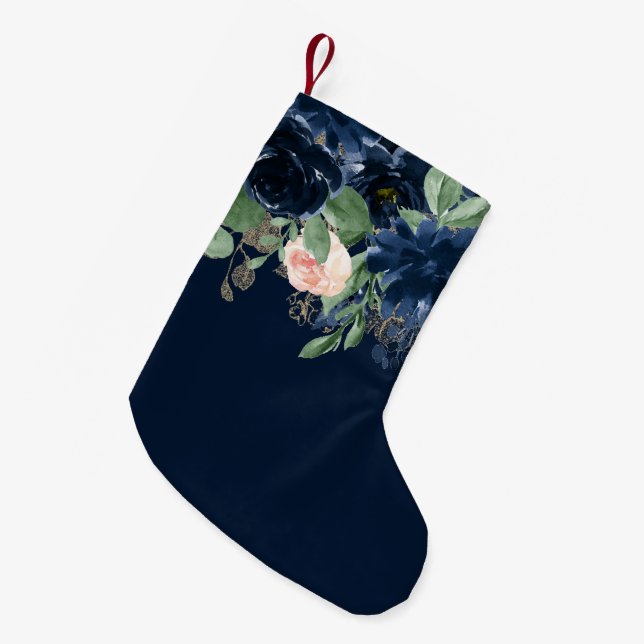 Chic Blooms | Dark Navy Blue and Blush Pink Floral Small Christmas Stocking (Front (Hanging))