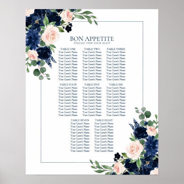 Chic Blooms | Navy and Blush Floral Seating Chart (Front)