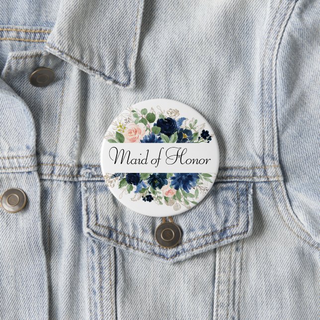 Chic Blooms | Navy Blue and Blush Bridal Party 3 Inch Round Button (In Situ)