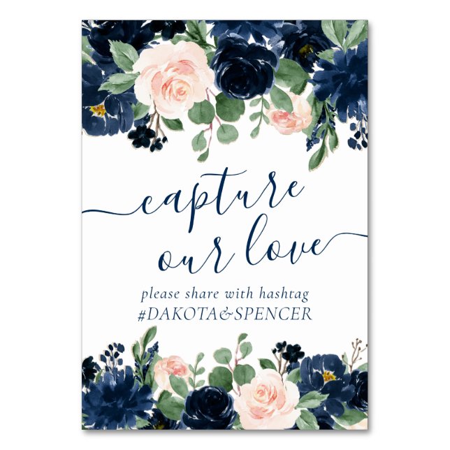Chic Blooms | Navy Blue and Blush Capture Our Love Table Number (Front)