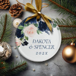 Chic Blooms | Navy Blue and Blush Floral Monogram Ceramic Ornament<br><div class="desc">Romantic navy blue and blush pink hand-painted watercolor floral embellished by botanical laurel and dark blue accents. From the "Boho Bloom" collection, this gorgeous layout presents your details in a stylish hand-lettered script and a rich Bohemian wildflower bouquet with radiant flower blooms and eucalyptus greenery foliage. For other colors or...</div>