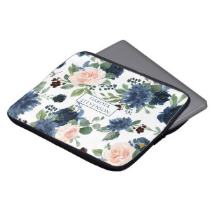 Chic Blooms   Navy Blue and Blush Floral Monogram Laptop Sleeve