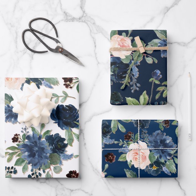 Chic Blooms | Navy Blue and Blush Floral Pattern Wrapping Paper Sheet (Front)