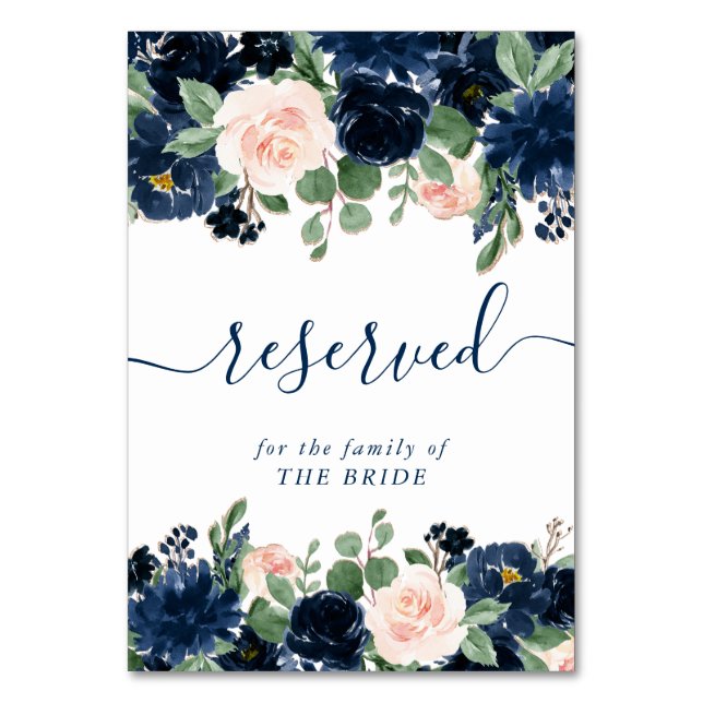 Chic Blooms | Navy Blue and Blush Floral Reserved Table Number (Front)