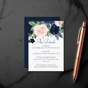 Chic Blooms   Navy Blue and Blush Guest Details Enclosure Card