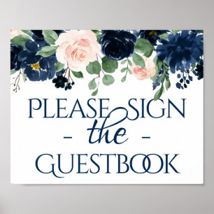 Chic Blooms   Navy Blue and Blush Guestbook Sign