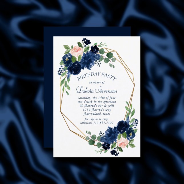 Chic Blooms | Navy Blue and Blush Pink Birthday Invitation (Creator Uploaded)