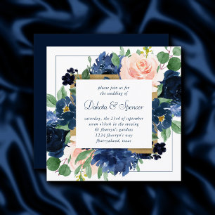Chic Blooms   Navy Blue and Blush Pink Floral Invitation