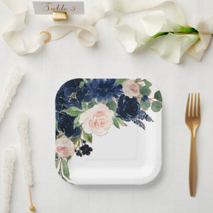 Chic Blooms   Navy Blue and Blush Pink Floral Paper Plate
