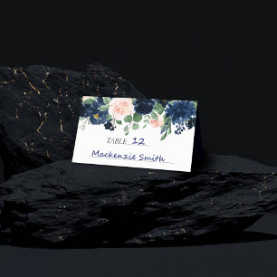 Chic Blooms   Navy Blue and Blush Pink Floral Place Card