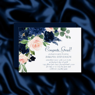 Chic Blooms   Navy Blue and Blush Pink Graduation Invitation