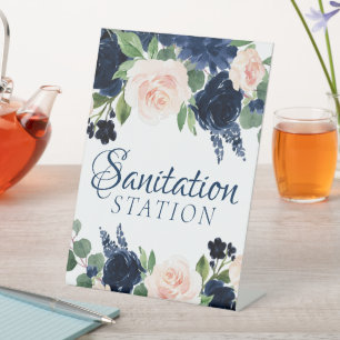 Chic Blooms   Navy Blue and Blush Pink Sanitation Pedestal Sign