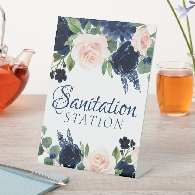 Chic Blooms | Navy Blue and Blush Pink Sanitation Pedestal Sign (In SItu)