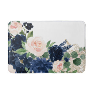 Chic Blooms   Navy Blue and Blush Rose Shimmer Bath Mat