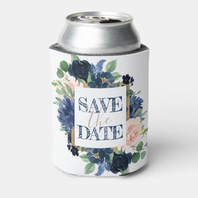 Chic Blooms | Navy Blue and Blush Save the Date Can Cooler (Can Back)