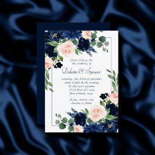Chic Blooms   Romantic Blush Navy Frame Wedding Invitation