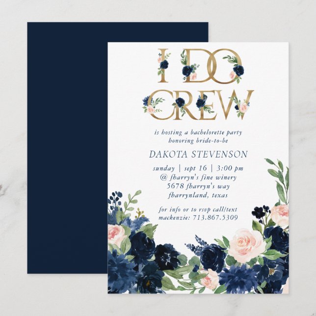 Chic Blooms | Romantic Navy and Blush I Do Crew Invitation (Front/Back)