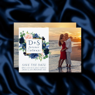 Chic Blooms   Romantic Navy Blue and Blush 2 Photo Save The Date