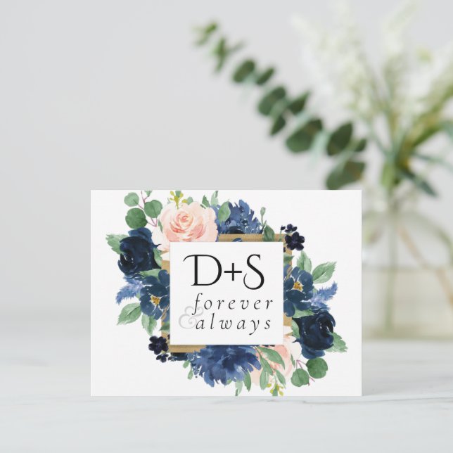 Chic Blooms | Romantic Navy Blue and Blush Wedding Announcement Postcard (Standing Front)