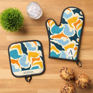 Chic Blue Abstract Artsy Modern Custom Oven Mitt & Pot Holder Set