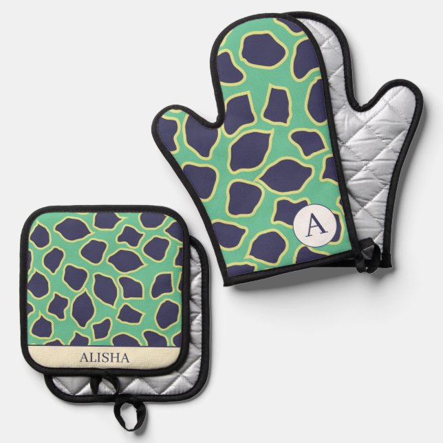 Chic Blue Abstract Artsy Modern Custom Oven Mitt & Pot Holder Set (Front/Back)