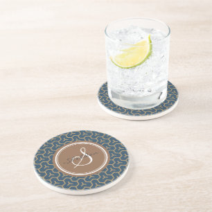 Chic blue abstract geometric pattern monogram coaster