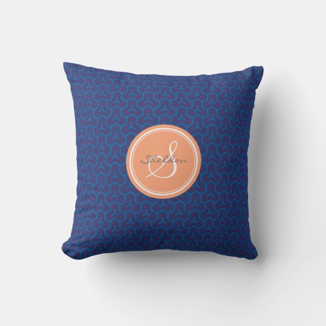 Chic blue abstract geometric pattern monogram throw pillow (Front)