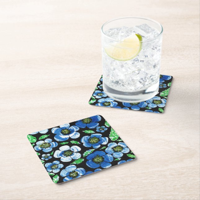 Chic Blue Acrylic Flowers on Black Coaster Set (Insitu)