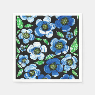 Chic Blue Acrylic Flowers on Black Paper Napkins