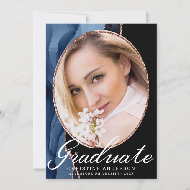 Chic Blue Agate Rose Gold Glitter Photo Graduation Announcement (Front)