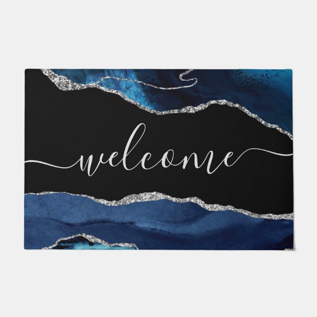 Chic Blue Agate Silver Glitter Script Welcome Doormat (Front)