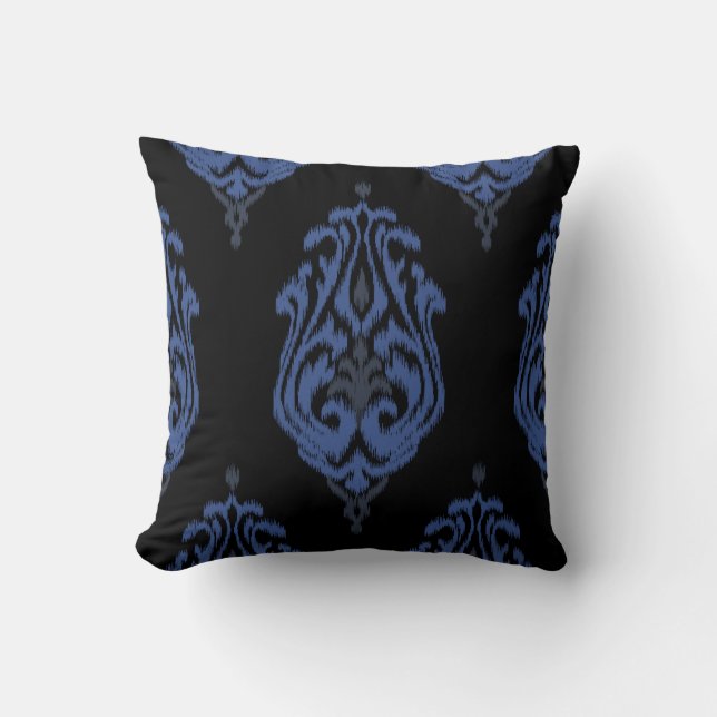 Chic blue and black damask tribal ikat print throw pillow (Front)