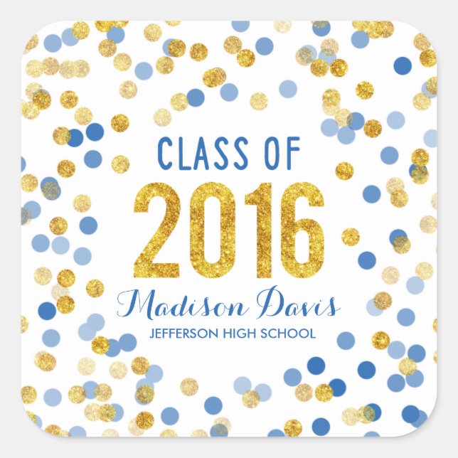Chic Blue and Gold Glitter Graduation Square Sticker (Front)