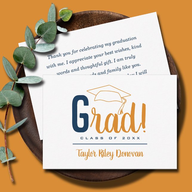 Chic Blue and Light Orange Grad Cap Graduation Card (3.5" x 5" navy blue & light orange Grad and graduation cap flat note cards, your message on the back)