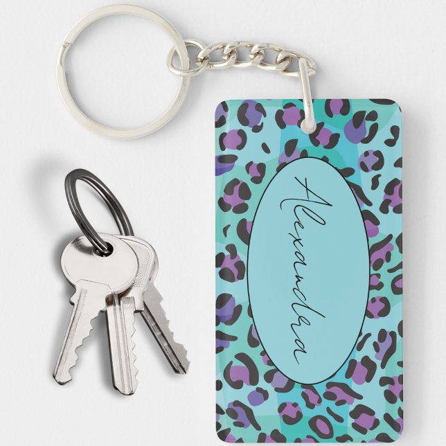 Chic Blue and Purple Leopard Print Monogram  Keychain (Creator Uploaded)