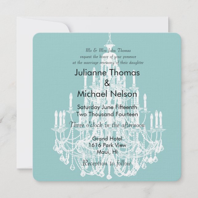 Chic Blue and White Chandelier Wedding Invitation (Front)
