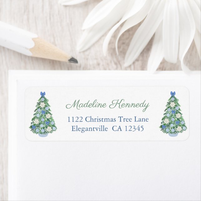 Chic Blue And White Christmas Tree Return Address (Insitu)