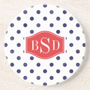 Chic blue and white polka dots patterns monogram coaster