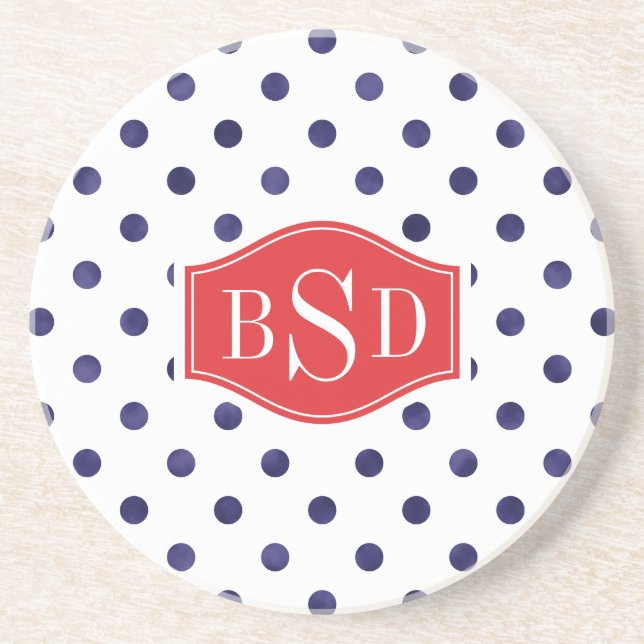 Chic blue and white polka dots patterns monogram coaster (Front)
