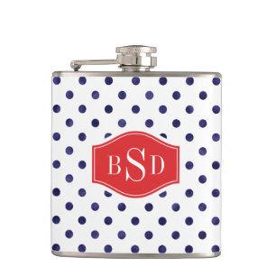 Chic blue and white polka dots patterns monogram hip flask