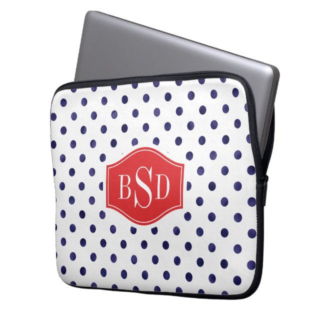 Chic blue and white polka dots patterns monogram laptop sleeve (Front Left)